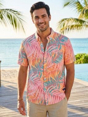 Simply Southern Mens Tropical Palm Leaf Short Sleeve Button Down Shirt Large